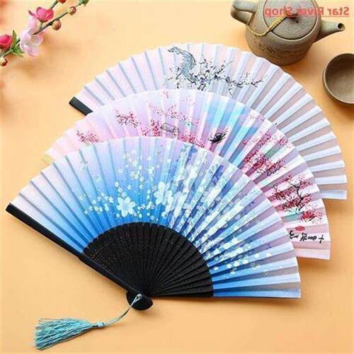 Vintage Silk Folding Fan Retro Chinese Japanese Bamboo Hand