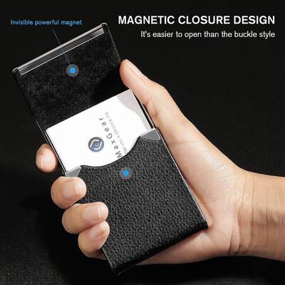 Business Card Holder with Magnetic PU Leather Stainless Stee