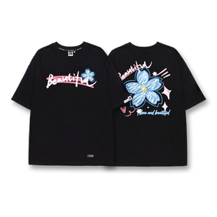 2025春夏季花朵印花大码短袖T恤女oversize百搭宽松小众半袖上衣