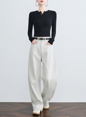 奕兮小个子加绒白色牛仔裤高腰镰刀裤宽松阔腿裤显瘦休闲弯刀裤女