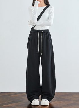 奕兮小个子黑色卫裤运动休闲裤春秋加绒阔腿弯刀裤宽松直筒香蕉裤