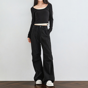 女系绳伞兵裤 宽松显瘦阔腿裤 春季 微喇裤 奕兮高腰工装 黑色休闲裤 裤