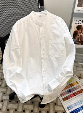 白色立领长袖衬衫男秋冬季新款高级感日系百搭宽松衬衣男休闲外套