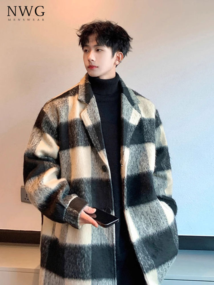 花呢风格格纹羊毛风衣男式秋冬新款加厚韩式高档宽松外套休闲上衣,男装,毛呢大衣,淘宝优惠券,粉丝福利购,淘宝优惠卷