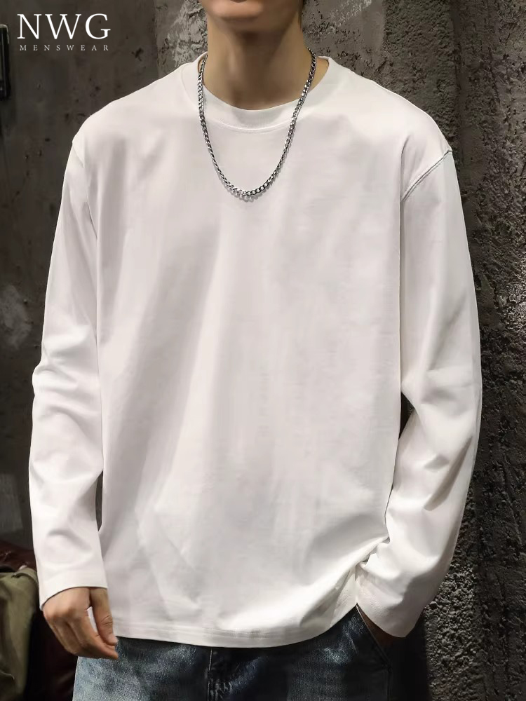 重磅白色长袖T恤男春秋季新款纯棉宽松内搭打底衫男休闲圆领卫衣