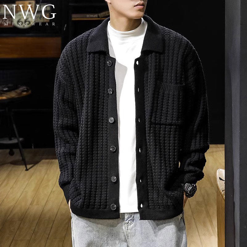 重磅开衫毛衣男潮牌秋冬款加厚美式宽松大码针织衫男休闲翻领外套