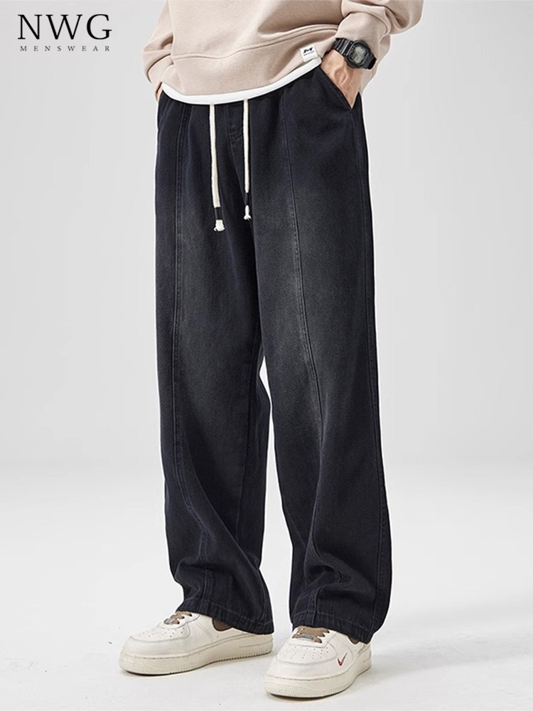 牛仔裤男潮牌春秋季新款美式宽松直筒松紧腰运动裤子男士休闲长裤