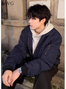 藏青色飞行夹克棉服男冬季夹棉加厚美式宽松棒球服男保暖短款外套