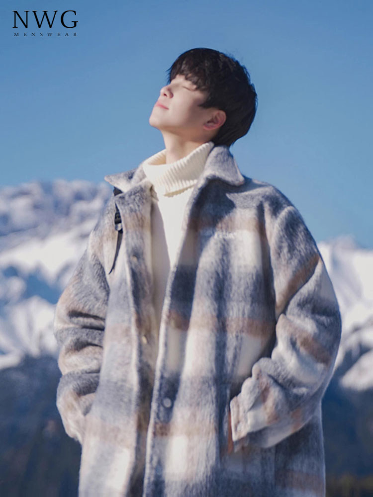 格子毛呢大衣男潮牌秋冬季2025新款痞帅宽松短款外套男士休闲夹克,男装,毛呢大衣,淘宝优惠券,粉丝福利购,淘宝优惠卷