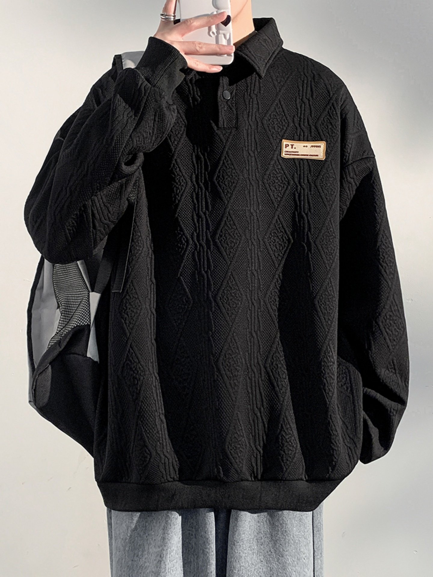 重磅长袖POLO衫卫衣男春秋季新款美式宽松大码翻领外套男休闲上衣