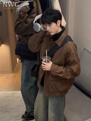 棕色雾面皮衣外套男潮牌春秋季美式短款垫肩飞行员夹克男休闲上衣