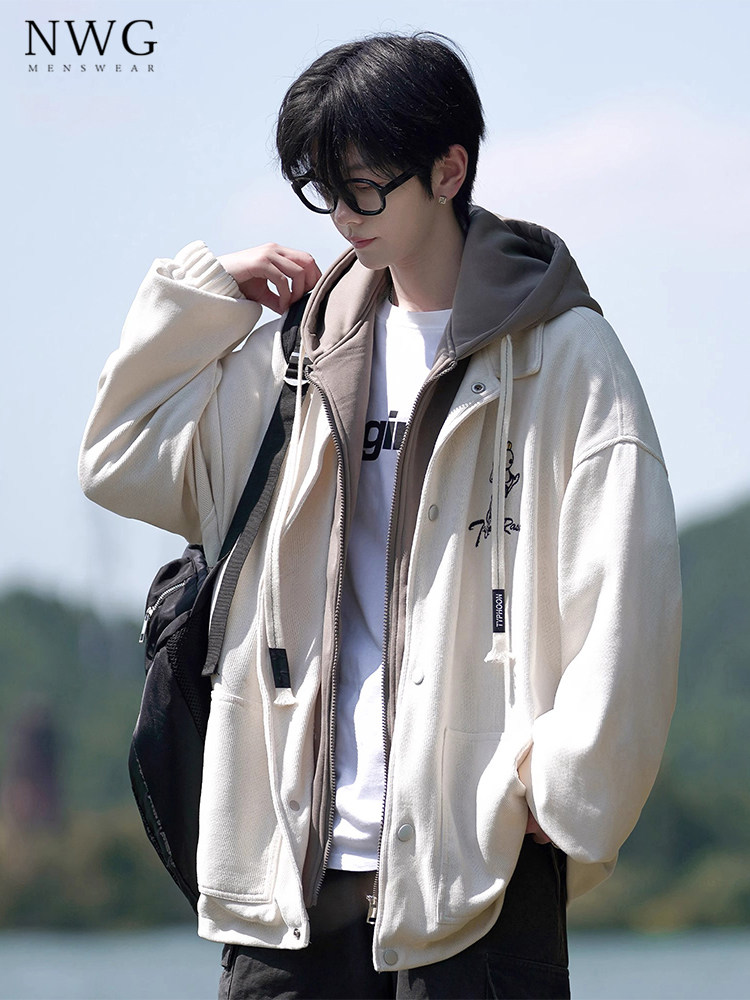 假两件外套男潮牌春秋季2025新款宽松大码连帽夹克男士休闲棒球服