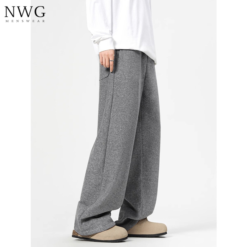 深灰色重磅卫裤男秋冬款加绒加厚宽松直筒毛呢裤子男运动休闲长裤