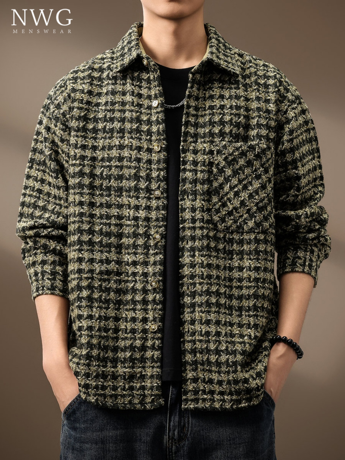 小香风格子衬衫男春秋季2025新款美式覆古重磅翻领夹克男休闲外套