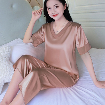 新款冰丝短袖睡衣女夏款性感V领甜美蕾丝花边春秋季居家两件套装
