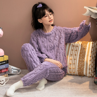 珊瑚绒睡衣女秋冬季加厚保暖大码可爱甜美毛茸茸长袖居家两件套装