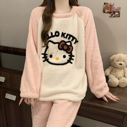 法兰绒睡衣女秋冬新款加绒加厚保暖珊瑚绒套装少女可爱冬季家居服