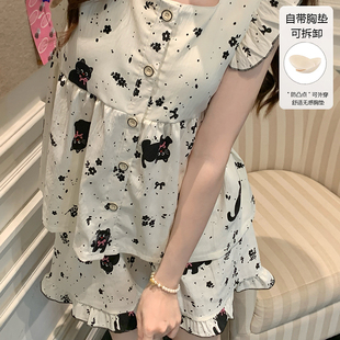 夏季 云朵棉甜美花边套头背心宽松休闲家居服 薄款 带胸垫睡衣女套装
