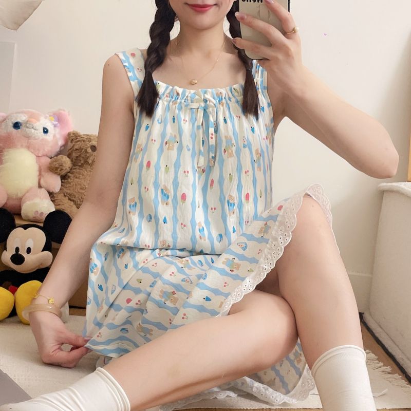 夏季新款吊带睡裙女甜美条纹性感蕾丝花边小清新背心休闲外穿睡衣