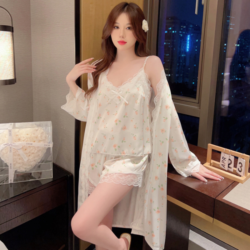女冰丝带睡袍睡衣套装