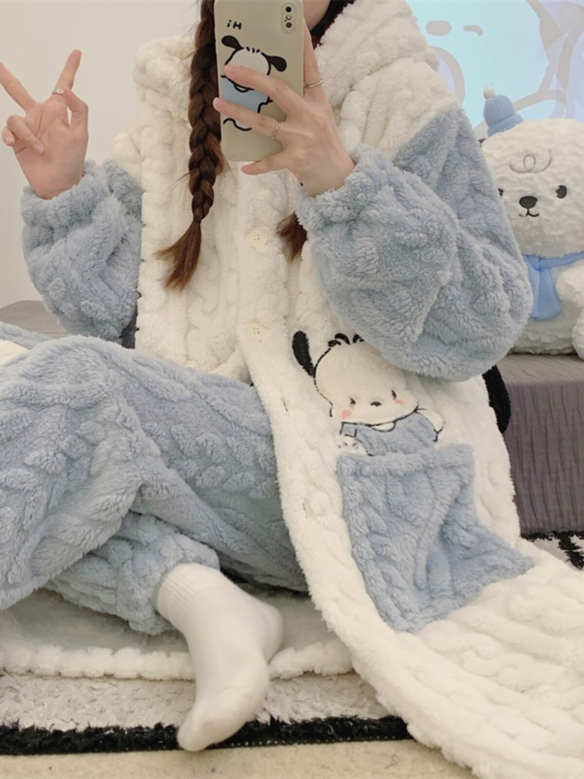 NIGHTGOWN WOMENS AUTUMN WINTER THICKENED CORAL VELVET CUTE HOODED BATHROBE WARM VELVET FLANNEL POCKET PAJAMA SET