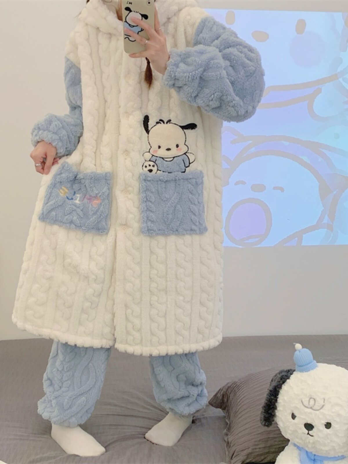 NIGHTGOWN WOMENS AUTUMN WINTER THICKENED CORAL VELVET CUTE HOODED BATHROBE WARM VELVET FLANNEL POCKET PAJAMA SET