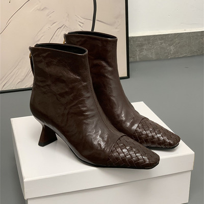 复古风舒适软羊皮细高跟短靴