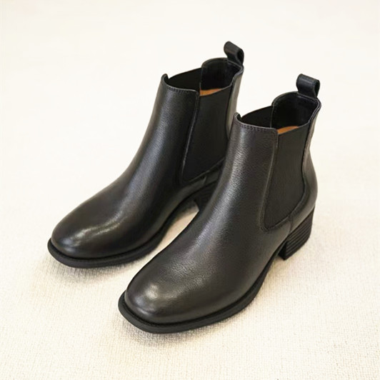 德芙琳切尔西靴女短靴子中粗跟方头复古真鹿皮春秋季单靴2024新款