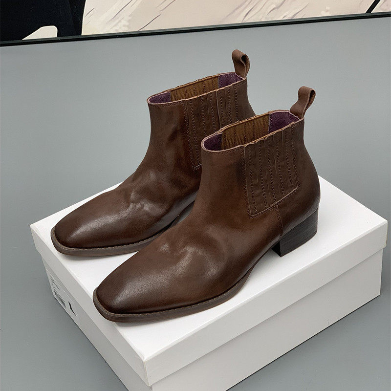 外贸复古切尔西靴子女短靴筒真皮粗跟中跟方头英伦风春秋2025新款,女鞋,切尔西靴,淘宝优惠券,粉丝福利购,淘宝优惠卷