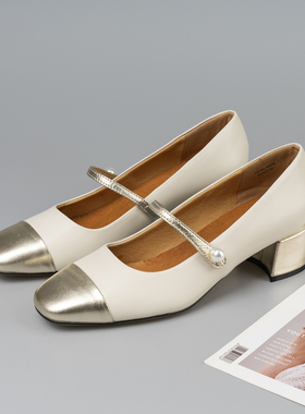 KACEY DEVLIN德芙琳鹿皮女玛丽珍中粗跟高跟鞋珍珠复古方头小香风