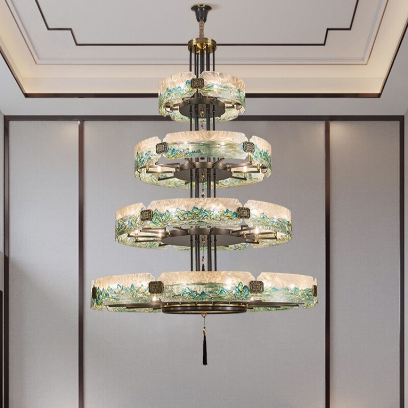 全铜珐琅彩大吊灯新中式别墅客厅吊灯禅意复式楼酒店大厅餐厅灯
