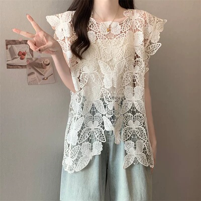镂空外穿蕾丝钩花法式吊带背心