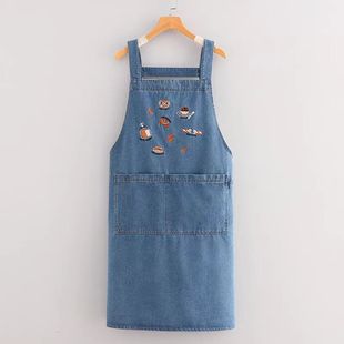 新短款水洗软牛仔刺绣围裙厨房柔软透气餐饮奶茶店男女工作服定制