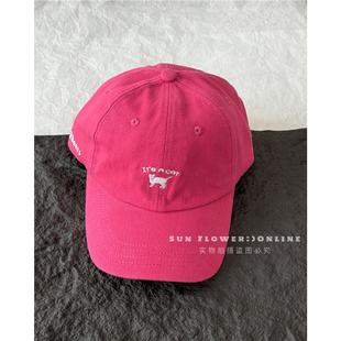 新品 纯棉小众猫咪刺绣韩国棒球帽子女男弯檐玫红色遮阳百搭鸭舌帽