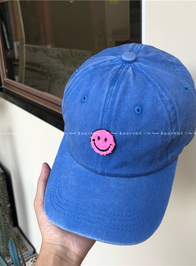 帽子女秋冬牛仔蓝色ins显脸小棒球帽休闲百搭软顶笑脸图案鸭舌帽