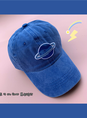 帽子女韩版ins星球图案水洗蓝色棒球帽帆布日系鸭舌帽情侣弯檐帽