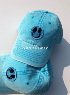 原创韩国水洗蓝色显脸小ins棒球帽子女春夏季做旧软顶百搭鸭舌帽