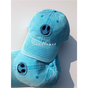 原创韩国水洗蓝色显脸小ins棒球帽子女春夏季 做旧软顶百搭鸭舌帽