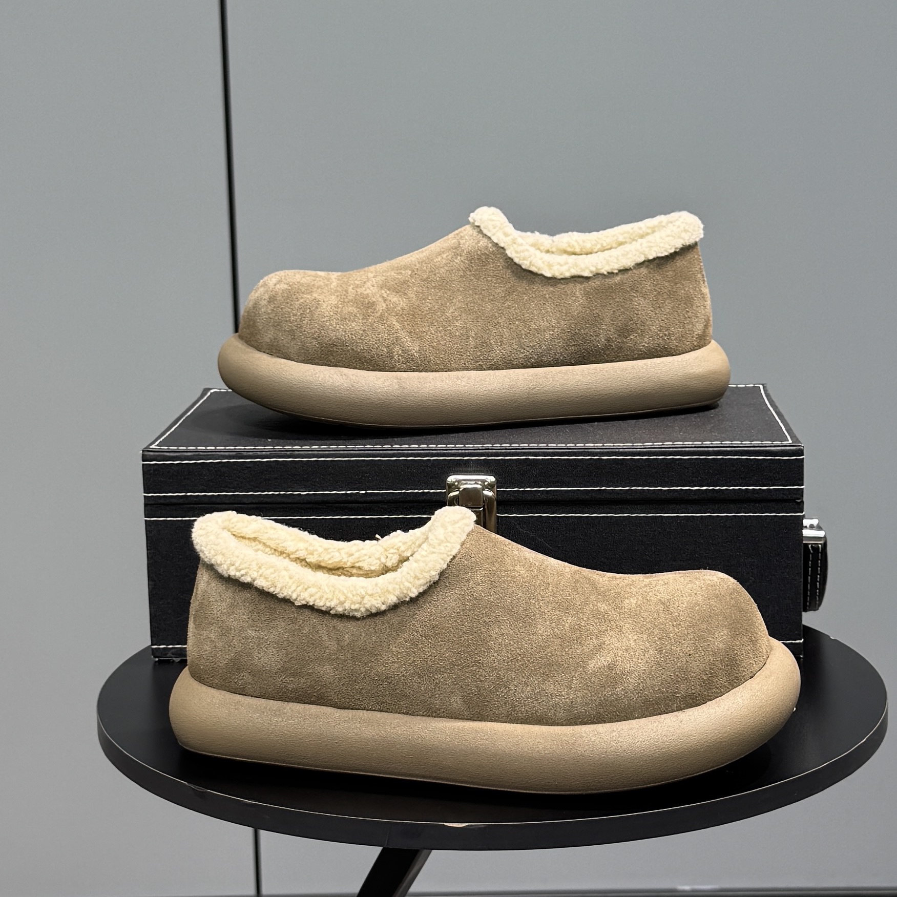 男士勃肯鞋2025新款真皮冬季棉鞋保暖一脚蹬懒人鞋复古厚底大头鞋