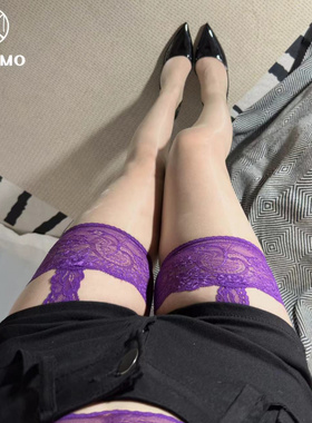 极光紫色丝袜蕾丝花边长筒袜性感黑丝白丝油光超薄一体吊带丝袜女