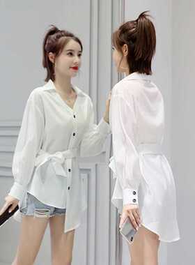 2025红色雪纺衬衫女春白色衬衣遮肚子腰带中长款上衣时尚百搭