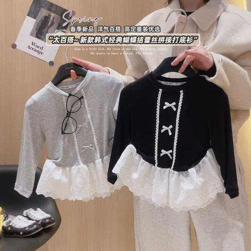 女童韩式经典蝴蝶结蕾丝拼接打底衫2026春季新款BGJ009菲