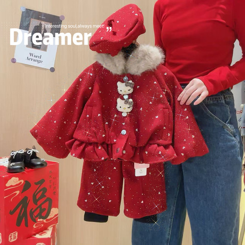 女童韩版毛领猫咪加厚外套裤子套装*送帽子2025冬季新款DC40724嘉