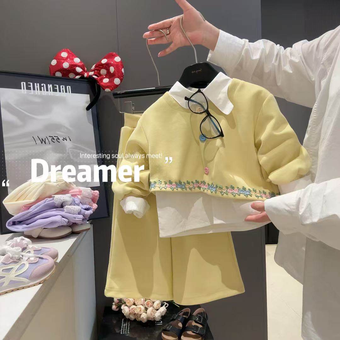 佑琦恩女童清新设计感衬衫卫衣长裤三件套2025秋季新款AQB008鱼
