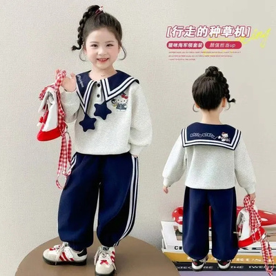 女童学院风海军领卡通卫衣运动裤两件套2026春季XG新款XG045