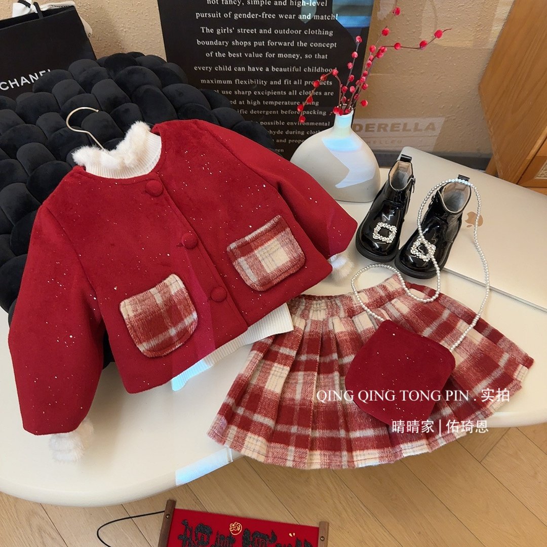 现宠粉*女童新年呢子外套半身裙两件套*送包包2026冬款AWB177鱼,童装/婴儿装/亲子装,套装,淘宝优惠券,粉丝福利购,淘宝优惠卷