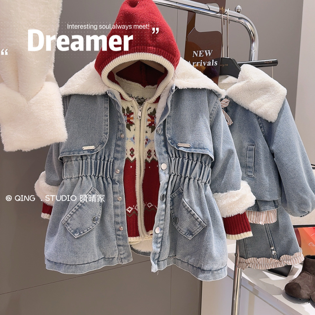 女童洋气百搭毛领加厚中长款牛仔风衣外套2026冬季新款MZW003臻