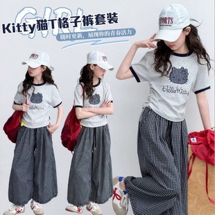 女童可爱小猫短袖上衣格子裤套装2026夏季新款ZAQ009齐齐