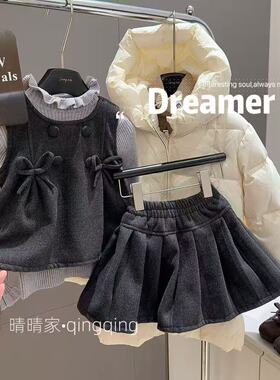女童韩系学院风加绒蝴蝶结马甲百褶裙套装2026冬季新款WWD001萌豆