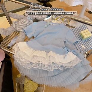 女童欧若飞撒银蝴蝶结网纱拼接时尚洋气T恤2026夏季DP新款5007